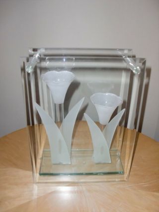 Mikasa Glass Frame Vase With 2 Frosted Tulip Shapes Candle Holders Inside Rare