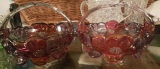2 - Westmoreland Hand Painted Red Glass Mini Miniature Basket - Floral Design