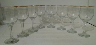 Set Of 8 Crystal Wine Goblets Glasses Etched Gold Rims 6.  5 " Tall 3 " Diameter