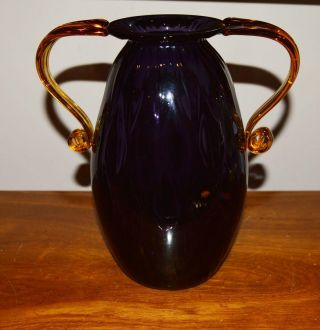 Rare Large Vintage Murano Art Glass Vase W/handles - Handblown - Amethyst