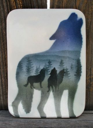 Signed Enna Howling Wolf Handrolled Ceramic Tile David & Suzanne One Of A Kind