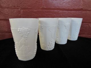 Indiana Colony Milk Glass 4 Opaque White Harvest Grape 7 Ounce Juice Tumblers