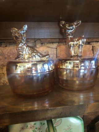 Set Of 2 Vintage Jeanette Glass Iridescent Carnival Glass Deer/dog Powder Jar
