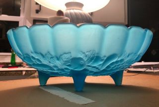 Indiana Glass Co.  Blue Satin Frosted Carnival Glass Fruit Bowl Footed Centerpiec
