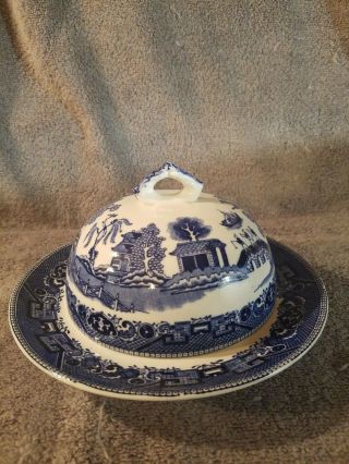 Vintage Buffalo Pottery Semi Vitreous Blue Willow Round Covered Butter Dish 1911