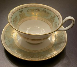 Wedgwood Gold Columbia Sage Green - Peony Tea Cup & Saucer - Bone China England