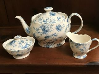 Vintage Peppertree Blue Toile Tea Pot,  Creamer And Covered Sugar Bowl