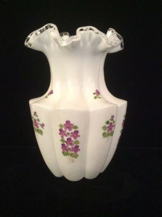 Fenton White Milk Glass Silver Crest Vase With Hand Painted Violets 10 Inches