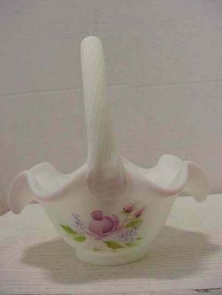 Fenton White Satin Glass Basket Hand Painted Lilacs & Pink Roses 2777 Wp Sh