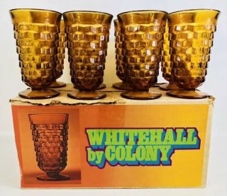 8 Amber Indiana Glass Iced Tea Glasses Footed Whitehall Colony 14oz Box