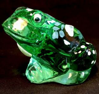 Fenton Art Glass Hand Painted Flowers On Green Frog