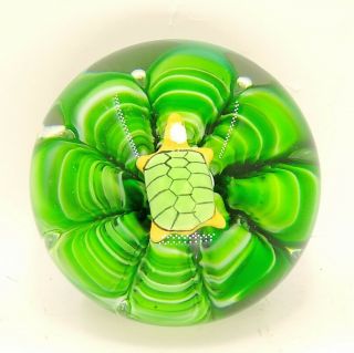 Glass Turtle Paperweight Joe St Clair Green Crimped Style With Trapped Bubbles