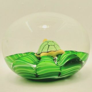 Glass Turtle Paperweight Joe St Clair Green Crimped Style with Trapped Bubbles 2