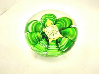 Glass Turtle Paperweight Joe St Clair Green Crimped Style with Trapped Bubbles 3