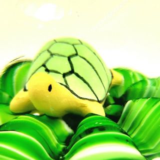 Glass Turtle Paperweight Joe St Clair Green Crimped Style with Trapped Bubbles 5