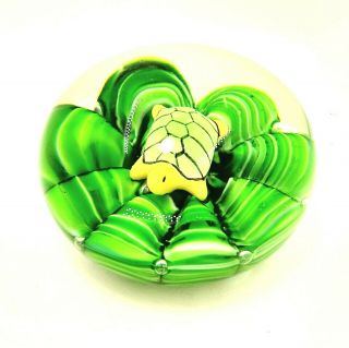 Glass Turtle Paperweight Joe St Clair Green Crimped Style with Trapped Bubbles 6