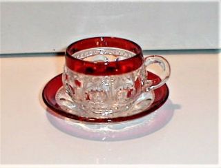 Eapg Ruby Stained = Kings Crown Cup & Saucer = Near 1890 