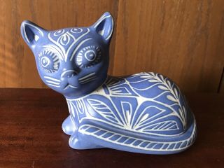 Vintage Pablo Zabal Cat Kitten Pottery Blue/white Figurine Chile