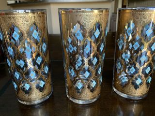 3 Culver Seville Hiball Glasses Turquoise Blue Diamonds 22k Gold Vintage