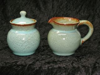 Nicodemus Art Pottery Turquoise Cream Pitcher & Sugar Bowl Set Museum Finish
