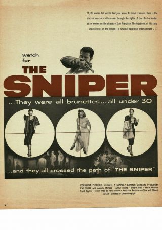 The Sniper Adolphe Menjou Arthur Franz 1952 Movie Promo Vtg Print Ad
