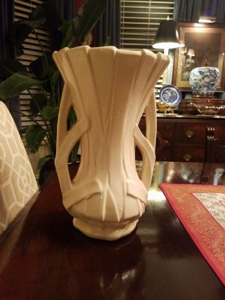 Huge Vintage Mccoy Pottery White Strap Double Handled Vase 12.  5 " Tall Art Deco