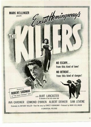 The Killers 1946 Movie Burt Lancaster Vtg Movie Promo Print Ad