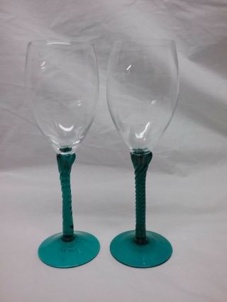 Set Of 2 Teal Blue Twisted Stem Wine Glass Goblets