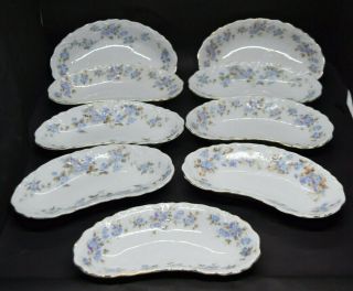 Hermann Ohme Porcelain Crescent Bone Dishes Set Of 9 Blue Flowers 1920 