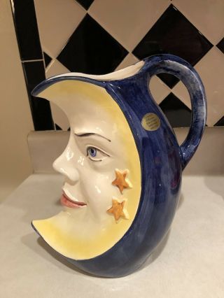 Vintage Bassano - Blue Man Faced Moon - Pitcher - Hand Made In Italy - 10 " Tall - Whimsy