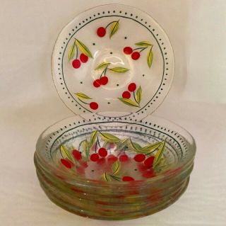 Arcoroc France Cherries Luminare Textured Set Of 7 Fruit Bowls 6 1/2 " Inches Rare