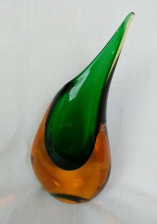 Formia Vetri Di Murano Teardrop Glass Vase Signed 9.  5 " Tall Italy Amber & Green