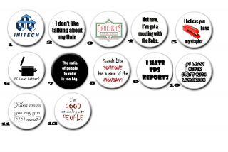 1.  25 " Office Space Buttons Pins Badges 1 1/4 Inch Lumbergh Tps Report Mondays