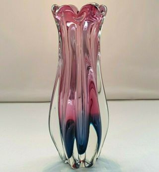 Murano Sommerso Pink And Blue Sculpted Vase Cased In Clear Glass