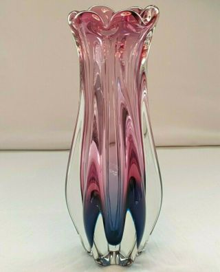 Murano Sommerso Pink and Blue Sculpted Vase Cased in Clear Glass 2