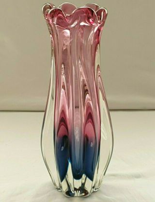 Murano Sommerso Pink and Blue Sculpted Vase Cased in Clear Glass 3