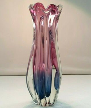 Murano Sommerso Pink and Blue Sculpted Vase Cased in Clear Glass 4