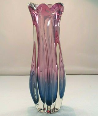 Murano Sommerso Pink and Blue Sculpted Vase Cased in Clear Glass 6