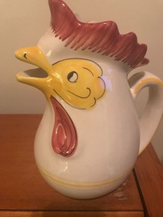 Large Vintage Retro Ceramic Rooster Pitcher White - Yellow - Red - Hand Painted Italy