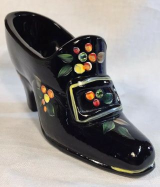 Fenton Art Glass Hand Painted Black Shoe With Buckle And Stone Halloween 2006