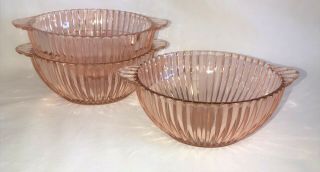 3 Anchor Hocking Queen Mary Pink 5 1/2 " 2 Handle Lug Soup Bowls