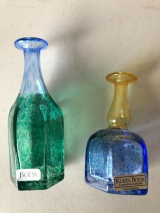 2 Kosta Boda,  Bertil Vallien,  Miniature Art Glass Bottle Vases,  Signed