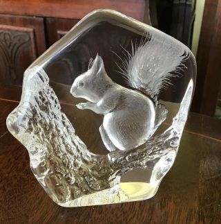 4” X 3.  75” Squirrel Lead Crystal Paper Weight.  Signed Mats Jonasson.