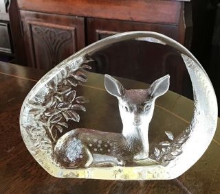4” X 4.  75” Mats Jonasson Lead Crystal,  Spotted Deer Paper Weight.  1993.