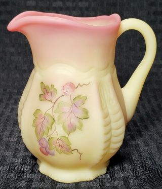 Fenton Burmese Ribbed Pitcher Creamer Grapevine Hand Painted By C.  Griffiths Le