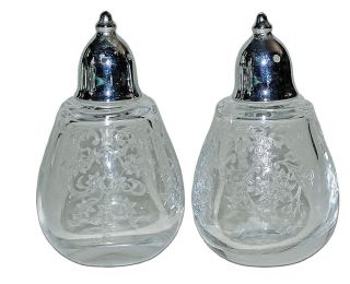Fostoria Navarre Crystal Individual Salt & Pepper Shakers With Chrome Lids