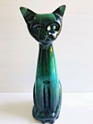 Vintage Blue Mountain Pottery Cat 14 " Tall Retro 1960s Drip Glaze Blue Green