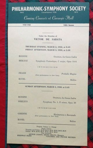 3/2/1950 Victor De Sabata Philharmonic - Symphony Carnegie Concerts Flyer