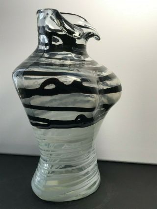 Retro Murano Clear Female Bust Torso With Black & White Stripes Art Glass Vase