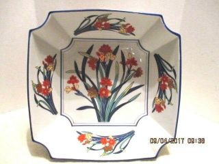 Tiffany & Co.  Sq.  White Blue Orange Yellow Porcelain Floral Curved Corners Bowl